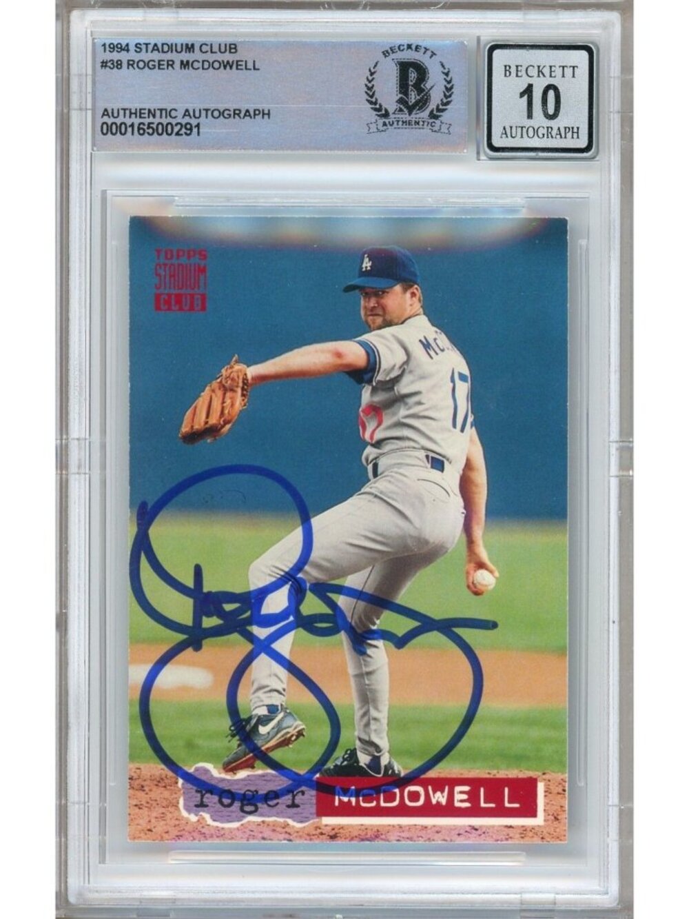 Roger McDowell Signed 1994 Stadium Club #38 Dodgers Beckett BAS Slab BGS Auto 10